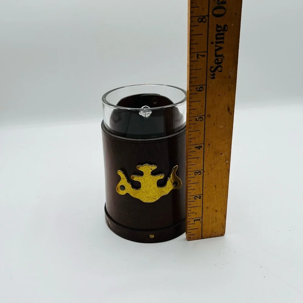 Decorative Brown Glass and Leather Accent cup with Gold Emblem